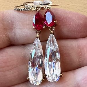 HSN JEAN DOUSSET SIMULATED RUBY ABSOLUTE CZ LOND DROP DANGLE EARRINGS 925 SILVER